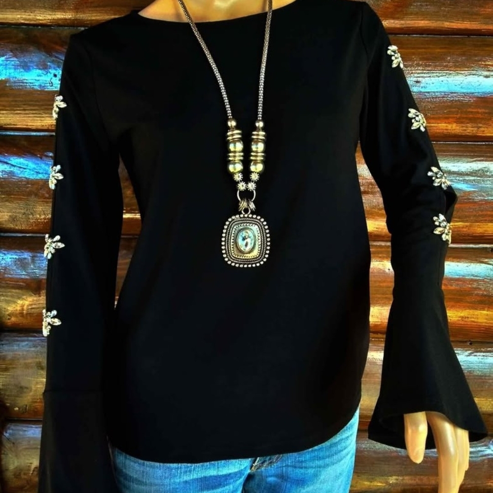 INC International Concepts Black Blouse with Embellished Sleeves